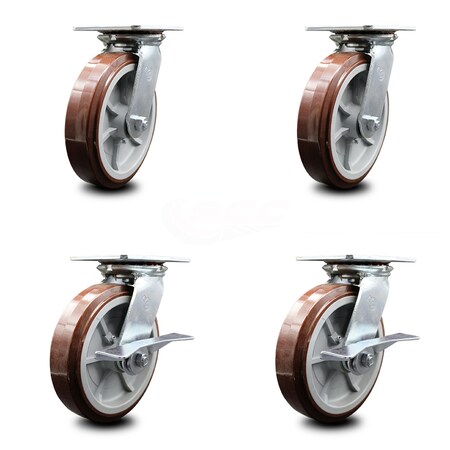 Service Caster 8 Inch Polyurethane Swivel Caster Set with Roller Bearings 2 Brakes SCC SCC-35S820-PPUR-2-SLB-2